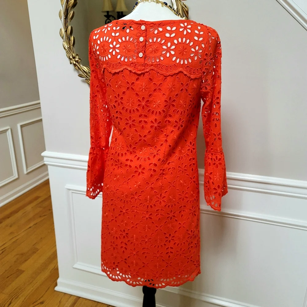 New! J. Crew sz 4 Eyelet Dress Bell-sleeves Orange-Red NWT